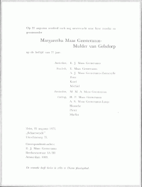 00677 - Overlijdensbericht Margaretha (Meta) MG-Mulder van Gelsdorp (1975)